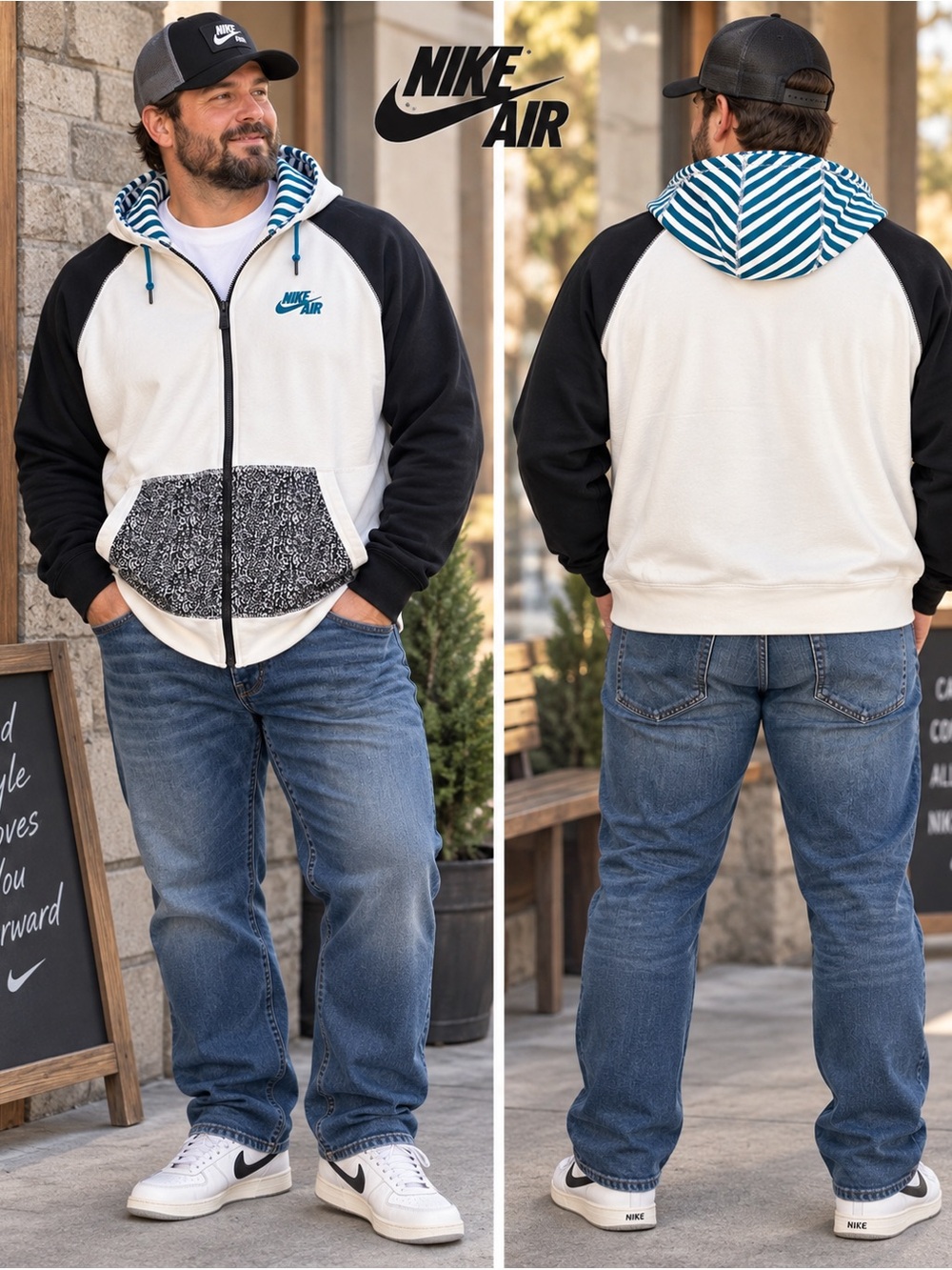 Nike Air Men’s 2XL Full Zip Colorblock Hoodie Black Cream Teal